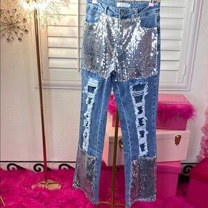 Silver Sequin Statement Distressed Jeans